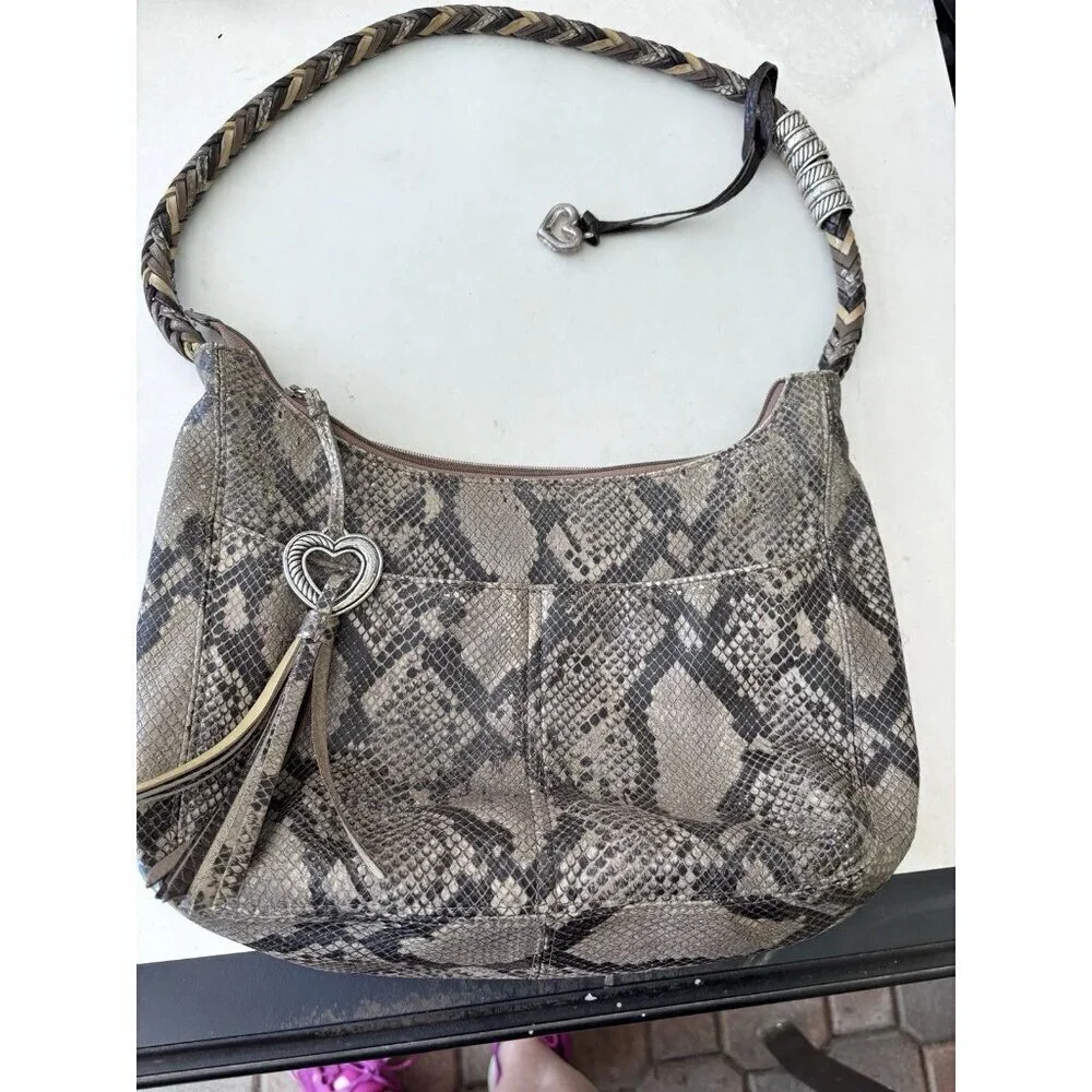 Brighton Snake Print Leather Large Shoulder Bag w Charm Braided Handle